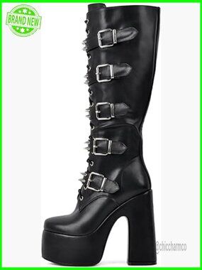 Knee-High Combat Boots Chunky Platform Lace Up Zipper Silver Buckles Studs
